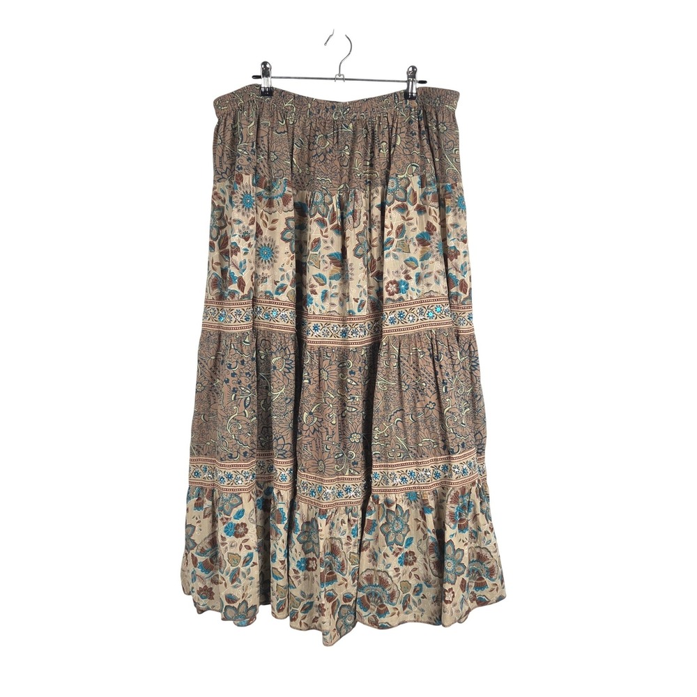 Vtg Phool Brown Floral Paisley Tiered Maxi Skirt XL Sequin Boho Indie Festival